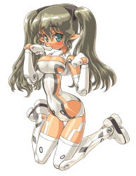 Rule 34 | 10s, 1girl, alternate costume, alternate eye color, alternate hair color, aqua eyes, bad id, bad pixiv id, bare shoulders, blush, boots, breasts, brown hair, busou shinki, cleavage, cleavage cutout, clothing cutout, dd (ijigendd), doll joints, elbow gloves, finger to mouth, from side, full body, gloves, grey hair, hair between eyes, joints, kneeling, large breasts, leotard, long hair, looking at viewer, narrow waist, pointy ears, short hair, side cutout, simple background, solo, thigh boots, thigh gap, thighhighs, twintails, underboob, underboob cutout, valona, wavy hair, white background, white footwear, white gloves, white thighhighs