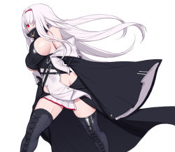 Rule 34 | 1girl, azur lane, bare shoulders, black footwear, boots, breasts, clothing cutout, colorado (azur lane), covered mouth, floating hair, hair over one eye, hairband, high collar, large breasts, long hair, long sleeves, looking at viewer, off shoulder, red eyes, side cutout, sideboob, simple background, siun, sleeveless, solo, thigh boots, thighhighs, white background, white hair, wide sleeves, zettai ryouiki