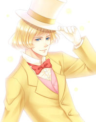 Rule 34 | 00s, 1boy, blonde hair, blue eyes, bow, bowtie, formal, gloves, hat, howl no ugoku shiro, male focus, matsukaze (chen7yue), prince justin, simple background, solo, sparkle, suit, traditional bowtie, upper body, white background