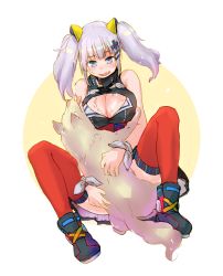 Rule 34 | 1girl, bare shoulders, bestiality, blue eyes, breasts, cleavage, cleavage cutout, clothing cutout, dog, hetero, highres, kaguya luna, large breasts, sex, silver hair, the moon studio, thighhighs, twintails