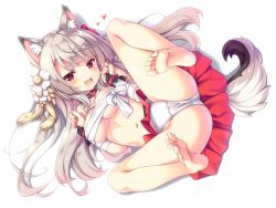 Rule 34 | 1girl, animal ears, azur lane, barefoot, blush, breasts, dog ears, dog tail, fang, feet, flower, full body, hair flower, hair ornament, highres, legs up, long hair, looking at viewer, lying, medium breasts, moeki yuuta, nail polish, navel, on back, open mouth, panties, pleated skirt, red eyes, sarashi, silver hair, simple background, skirt, smile, soles, solo, spread legs, tail, thick eyebrows, toes, underboob, underwear, white background, yuudachi (azur lane), yuudachi (shogun of snowballs) (azur lane)