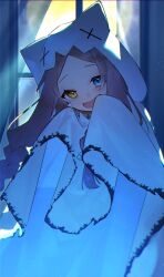 Rule 34 | 1girl, blue eyes, blush, braid, curtains, fish hair ornament, hair ornament, heterochromia, highres, hood, hood up, indie virtual youtuber, indoors, invisible, looking at viewer, lv9o5, open mouth, smile, solo, twin braids, window, yellow eyes, yuduki miya