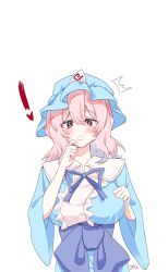 Rule 34 | !, 1girl, blush, breasts, commentary request, ellen drawing, hat, highres, large breasts, long sleeves, looking at viewer, medium hair, mob cap, open mouth, pink eyes, pink hair, saigyouji yuyuko, sash, simple background, solo, touhou, triangular headpiece, upper body, white background, wide sleeves