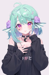 Rule 34 | 1girl, :p, bare shoulders, black collar, black shirt, blush, closed mouth, clothes writing, collar, collarbone, commentary, crescent, deyui, english commentary, finana ryugu, fins, flower, green hair, grey background, hair between eyes, hair flower, hair intakes, hair ornament, hairclip, head fins, highres, long hair, long sleeves, looking at viewer, nail polish, nijisanji, nijisanji en, off-shoulder shirt, off shoulder, pink nails, puffy long sleeves, puffy sleeves, purple eyes, purple flower, purple rose, rose, shirt, simple background, sleeves past wrists, smile, solo, tongue, tongue out, upper body, virtual youtuber, x hair ornament
