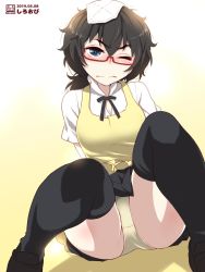 Rule 34 | 1girl, alternate costume, apron, artist logo, artist name, black eyes, black footwear, black hair, black ribbon, black skirt, black thighhighs, blush, closed mouth, commentary request, crotch seam, dated, dress shirt, dutch angle, frown, girls und panzer, glasses, gradient background, head tilt, highres, legs, loafers, looking at viewer, medium hair, messy hair, miniskirt, napkin, neck ribbon, object on head, one-hour drawing challenge, one eye closed, oryou (girls und panzer), panties, pantyshot, pleated skirt, red-framed eyewear, ribbon, semi-rimless eyewear, shadow, shiroobi (whitebeltmaster), shirt, shoes, short ponytail, short sleeves, skirt, solo, squatting, thighhighs, under-rim eyewear, underwear, waitress, white shirt, wince, yellow apron, yellow background, yellow panties