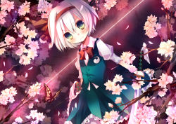 1girl bad_id bad_pixiv_id bow bowtie bug butterfly cherry_blossoms dual_wielding female_focus frown hairband highres holding bug katana konpaku_youmu kusa kusada_souta short_hair silver_hair solo sword touhou weapon yellow_eyes