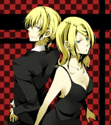 Rule 34 | 1boy, 1girl, 38page, back-to-back, bad id, bad pixiv id, black dress, blonde hair, blue eyes, breasts, brother and sister, cleavage, dress, formal, kagamine len, kagamine rin, aged up, siblings, smile, suit, sumi (38page), twins, vocaloid