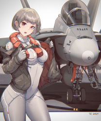 Rule 34 | 1girl, absurdres, aircraft, airplane, bob cut, bodysuit, breasts, brown coat, coat, covered navel, cowboy shot, earrings, fighter jet, grey hair, highres, jet, jewelry, long sleeves, military, military vehicle, off shoulder, open clothes, open coat, original, pilot suit, red eyes, senjouhara nira, short hair, small breasts, solo, standing, white bodysuit
