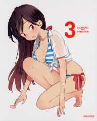 Rule 34 | 1girl, a channel, absurdres, barefoot, bikini, black hair, blush, breast rest, breasts, cleavage, collarbone, feet, front-tie top, full body, highres, kuroda bb, large breasts, long hair, nishi yuuko, official art, on one knee, red eyes, shirt, side-tie bikini bottom, simple background, skindentation, smile, solo, striped bikini, striped clothes, swimsuit, tied shirt, toenails, toes, tsurime