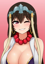 Rule 34 | absurdres, bead necklace, beads, breasts, brown hair, earrings, eyebrows, fate/grand order, fate (series), headpiece, highres, hoop earrings, jewelry, large breasts, long hair, necklace, one eye closed, purple eyes, smile, solo, the only shoe, xuangzang sanzang (fate)