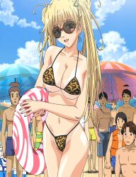 1girl bikini blonde_hair breasts brown_eyes cleavage crowd highres kirishima_(stringendo) large_breasts legs long_hair looking_at_viewer navel open_mouth sideboob smile stitched stringendo stringendo_&amp;_accelerando_&amp;_stretta sunglasses swimsuit tan tanline teeth thighs third-party_edit thong_bikini tongue twintails