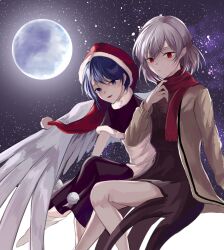 Rule 34 | 2girls, absurdres, black capelet, braid, brown jacket, capelet, closed mouth, commentary, doremy sweet, dress, french braid, full moon, grey hair, hat, highres, jacket, kishin sagume, looking at viewer, lucky chicken, moon, multiple girls, nightcap, outdoors, pom pom (clothes), purple dress, red eyes, red headwear, red scarf, scarf, short hair, single wing, sky, socks, star (sky), starry sky, symbol-only commentary, touhou, white socks, white wings, wings
