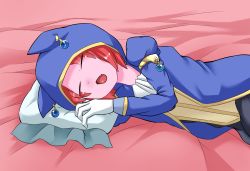 Rule 34 | 10s, 1boy, bad id, bad pixiv id, bed, bligre22isriead, colored skin, dragon ball, dragon ball heroes, earrings, closed eyes, fang, gloves, highres, hood, jewelry, male focus, open mouth, pillow, pink skin, red hair, salsa (dragon ball), solo