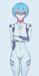 Rule 34 | 1girl, artist request, ayanami rei, blue hair, bodysuit, breasts, expressionless, hair between eyes, highres, lips, looking at viewer, medium breasts, neon genesis evangelion, plugsuit, red eyes, shiny clothes, short hair, simple background, solo, white bodysuit