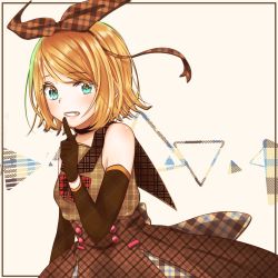 Rule 34 | 1girl, blonde hair, blue eyes, blush, bow, bowtie, buttons, detached sleeves, fang, gloves, hair bow, hair ornament, hair ribbon, half gloves, hand on own chin, highres, index finger raised, kagamine rin, looking at viewer, medium hair, open mouth, patterned clothing, plaid, pleated skirt, ponta (poqpon), ribbon, sailor collar, short hair, skirt, sleeveless, smile, solo, vocaloid