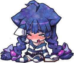 Rule 34 | 1girl, ahoge, alice (criminal girls), blush, book, bow, braid, chain, chibi, closed eyes, criminal girls, female focus, full body, hair bow, ichihaya, jewelry, long hair, necklace, nippon ichi, official art, open mouth, purple hair, simple background, sitting, sleeves past wrists, solo, striped clothes, striped thighhighs, tears, thighhighs, twin braids, white background