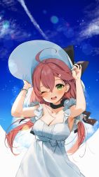 Rule 34 | 1girl, absurdres, ahoge, alternate costume, arms up, blue sky, blush, breasts, cleavage, collarbone, dress, gotou (nekocat), green eyes, hat, highres, holding, holding clothes, holding hat, hololive, lens flare, looking at viewer, one eye closed, open mouth, outdoors, pink hair, sakura miko, sky, solo, virtual youtuber, white hat