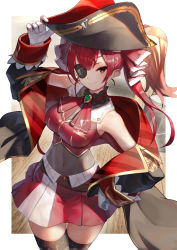 Rule 34 | 1girl, absurdres, arm up, bare shoulders, bicorne, black hat, black jacket, blouse, breasts, closed mouth, commentary, covered navel, epaulettes, gloves, grey thighhighs, hair ribbon, hand on headwear, hand on own hip, hat, highres, hololive, houshou marine, jacket, leotard, leotard under clothes, long hair, long sleeves, medium breasts, off shoulder, open clothes, open jacket, pirate hat, red eyes, red hair, red ribbon, red shirt, red skirt, ribbon, scottie (phantom2), see-through, see-through leotard, shirt, side ponytail, skirt, sleeveless, sleeveless shirt, smile, solo, thighhighs, virtual youtuber, white gloves
