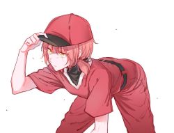 Rule 34 | 1girl, baseball cap, baseball uniform, closed mouth, commentary, expressionless, feet out of frame, hand on headwear, hat, highres, jersey, koito yuu, leaning forward, pants, red hair, red hat, red pants, red shirt, shirt, short sleeves, short twintails, simple background, solo, sportswear, spotlight l, sweat, twintails, white background, yagate kimi ni naru, yellow eyes