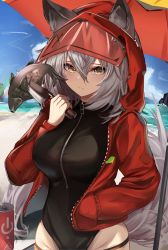 Rule 34 | 1girl, absurdres, animal ear fluff, animal ears, arknights, beach umbrella, black one-piece swimsuit, blush, breasts, can, casual one-piece swimsuit, closed mouth, covered navel, cowboy shot, day, drink can, ears through headwear, fish, hair between eyes, highres, holding, holding knife, hood, hood up, jacket, knife, large breasts, long hair, long sleeves, looking at viewer, official alternate costume, one-piece swimsuit, open clothes, open jacket, outdoors, penguin4, projekt red (arknights), projekt red (light breeze) (arknights), red jacket, silver hair, soda can, solo, swimsuit, swimsuit under clothes, tail, umbrella, unzipped, wolf ears, wolf girl, wolf tail, yellow eyes