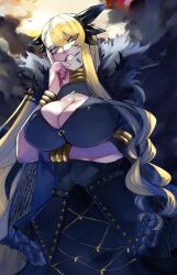 Rule 34 | 1girl, absurdres, armlet, black dress, blonde hair, bracelet, breasts, chin piercing, cleavage, cleavage cutout, clothing cutout, dark-skinned female, dark skin, dragon girl, dragon horns, dress, facial mark, fate/grand order, fate (series), fur-trimmed dress, fur trim, grin, gumi (the eye of darkness), highres, horns, jewelry, large breasts, long hair, long sleeves, looking at viewer, neck ring, smile, solo, swept bangs, veil, vritra (fate), yellow eyes
