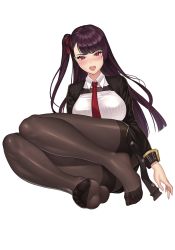 Rule 34 | 1girl, black pantyhose, blush, breasts, feet, girls&#039; frontline, hair ribbon, half updo, highres, large breasts, long hair, looking at viewer, no shoes, open mouth, pantyhose, red eyes, ribbon, side ponytail, simple background, soles, teeth, toes, upper teeth only, wa2000 (girls&#039; frontline), white background