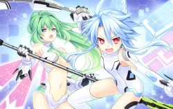 Rule 34 | 10s, 2girls, absurdres, ahoge, blanc (neptunia), blue hair, blush, breasts, cleavage, female focus, game cg, gloves, green hair, green heart (neptunia), height difference, highres, large breasts, leotard, long hair, looking at viewer, multiple girls, neptune (series), official art, open mouth, ponytail, power symbol, power symbol-shaped pupils, purple eyes, red eyes, short hair with long locks, sidelocks, symbol-shaped pupils, tsunako, vert (neptunia), white heart (neptunia)