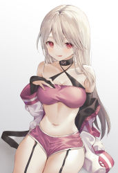 Rule 34 | 1girl, :q, absurdres, bandeau, bare shoulders, black choker, breasts, cha chya, choker, cleavage, closed mouth, collarbone, criss-cross halter, crop top, dolphin shorts, garter straps, hair between eyes, halterneck, halterneck, hand on own chest, highres, indie virtual youtuber, jacket, large breasts, long hair, long sleeves, looking at viewer, midriff, mizuz, navel, off shoulder, open clothes, open jacket, pink shorts, red eyes, revealing clothes, short shorts, shorts, silver hair, simple background, slit pupils, smile, solo, stomach, thighs, tongue, tongue out, very long hair, virtual youtuber, white background, white jacket