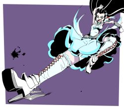 Rule 34 | 1girl, black hair, boots, breasts, cross-laced footwear, dress, feather boa, flower, garter straps, gauntlets, gloves, hair ornament, high heel boots, lace-up boots, long hair, melanie malachite, rwby, skirt, solo, thigh boots, thighhighs