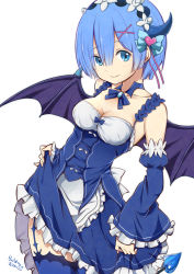 Rule 34 | 10s, 1girl, adapted costume, animal ear legwear, apron, artist name, bare shoulders, black ribbon, blue bow, blue dress, blue eyes, blue hair, blue ribbon, blue skirt, blue thighhighs, blunt bangs, blush, bow, breasts, choker, cleavage, closed mouth, clothes lift, collarbone, commentary request, contrapposto, cowboy shot, demon girl, demon horns, demon tail, detached puffy sleeves, detached sleeves, dress, eyes visible through hair, frilled apron, frilled skirt, frills, garter straps, hair bow, hair ornament, hair ribbon, head wreath, heart, heart hair ornament, horns, legs together, lifting own clothes, long sleeves, looking at viewer, maid, medium breasts, neck ribbon, pink ribbon, ragho no erika, re:zero kara hajimeru isekai seikatsu, rem (re:zero), ribbon, short hair, signature, simple background, skirt, skirt hold, skirt lift, smile, solo, standing, tail, thighhighs, white apron, white background, white bow, x hair ornament