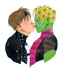 Rule 34 | 2boys, artist name, black headband, black shirt, black sleeves, black vest, blonde hair, brainiac 5, brown eyes, brown hair, closed eyes, closed mouth, colored skin, commentary, commission, english commentary, formal, from side, green skin, headband, kiss, kissing nose, legion of super-heroes, long sleeves, lyle norg, male focus, marking on cheek, multiple boys, pink suit, polka dot headband, polka dot vest, shirt, short hair, short sleeves, smile, suit, thick eyebrows, transparent background, turtleneck, upper body, vest, yaoi, yutaan