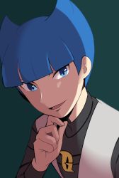 Rule 34 | 1boy, blue eyes, blue hair, blunt bangs, commentary request, creatures (company), game freak, green background, hand on own chin, highres, logo, long sleeves, looking at viewer, male focus, nakikot t, nintendo, open mouth, pokemon, pokemon dppt, saturn (pokemon), short hair, smile, solo, stroking own chin, team galactic, team galactic uniform, tongue, upper body