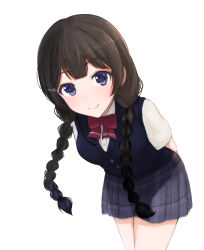 Rule 34 | 1girl, arms behind back, black hair, blue eyes, bow, bowtie, braid, leaning forward, looking at viewer, nijisanji, pleated skirt, roudou zero, school uniform, shirt, skirt, smile, solo, sweater vest, tsukino mito, tsukino mito (3rd costume), twin braids, virtual youtuber, white background