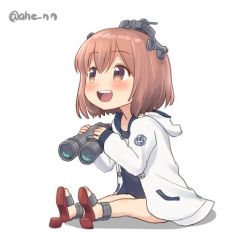 Rule 34 | 1girl, ahenn, binoculars, black one-piece swimsuit, brown eyes, brown hair, commentary request, headgear, headset, hood, hooded jacket, hoodie, jacket, kantai collection, lowres, one-piece swimsuit, open mouth, round teeth, sandals, school swimsuit, short hair, simple background, sitting, smile, solo, speaking tube headset, swimsuit, teeth, twitter username, upper teeth only, white background, white jacket, yukikaze (kancolle)