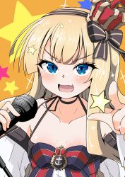 Rule 34 | 1girl, alternate costume, azur lane, blonde hair, blue eyes, blush, collarbone, commentary request, crown, edoara, fang, headband, highres, long hair, microphone, open mouth, pointing, portrait, queen elizabeth (azur lane), queen elizabeth (one night of the queen) (azur lane), ribbon, simple background, solo