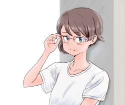 Rule 34 | 1girl, adjusting eyewear, blush, breasts, brown hair, closed mouth, commentary request, green eyes, hand up, hantakashihan, highres, looking at viewer, original, over-rim eyewear, red-framed eyewear, semi-rimless eyewear, shirt, short hair, short sleeves, simple background, small breasts, smile, solo, upper body, white background, white shirt