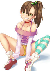 Rule 34 | 1girl, bare shoulders, breasts, brown hair, butterfly hair ornament, choker, chousoku henkei gyrozetter, green eyes, grin, hair ornament, inaba rinne, long hair, looking at viewer, marubonman, medium breasts, off-shoulder shirt, off shoulder, open mouth, shirt, shorts, side ponytail, simple background, single thighhigh, smile, solo, striped clothes, striped thighhighs, thighhighs, white background