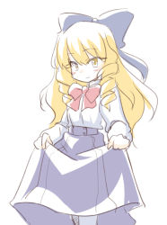 Rule 34 | 1girl, bad id, bad pixiv id, blonde hair, blush, bow, drill hair, hair bow, ikune juugo, long hair, looking at viewer, simple background, skirt hold, smile, solo, white background, yellow eyes
