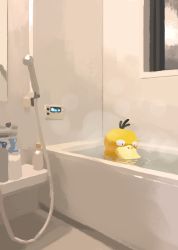 Rule 34 | 1other, bathing, bathroom, bathtub, bubble, creatures (company), game freak, gen 1 pokemon, highres, indoors, looking down, muted color, nihei92729, nintendo, no humans, partially submerged, pokemon, pokemon (creature), psyduck, roomscape, solo, steam