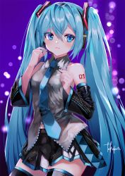 Rule 34 | 1girl, bag, black skirt, black sleeves, black thighhighs, blue eyes, blue hair, closed mouth, collared shirt, cowboy shot, detached sleeves, dress shirt, grey shirt, hair between eyes, hair ornament, hair tubes, hatsune miku, headset, highres, long hair, long sleeves, looking to the side, microphone, midriff, miniskirt, navel, pleated skirt, purple sky, shirt, signature, skirt, sky, sleeveless, sleeveless shirt, solo, stomach, takepon1123, tattoo, thighhighs, twintails, very long hair, vocaloid, wing collar, zettai ryouiki