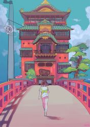 Rule 34 | 1girl, animated, animated gif, bathhouse, bridge, brown hair, chimney, day, facing away, from behind, highres, ogino chihiro, railing, routexx, sen to chihiro no kamikakushi, shirt, short hair, short sleeves, short twintails, shorts, sign, smoke, solo, striped clothes, striped shirt, translation request, tree, twintails, white legwear