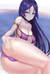 Rule 34 | 1girl, armlet, ass, bare arms, bare legs, bare shoulders, bikini, blush, breasts, choker, cleavage, collarbone, ero waifu, eyelashes, eyepatch bikini, fate/grand order, fate (series), fingernails, from behind, hand on own ass, large breasts, legs together, long hair, looking at viewer, looking back, lying, minamoto no raikou (fate), minamoto no raikou (fate/grand order), minamoto no raikou (swimsuit lancer) (fate), on side, parted bangs, parted lips, purple bikini, purple eyes, purple hair, smile, solo, strapless, strapless bikini, string bikini, sweat, swimsuit, teeth, very long hair