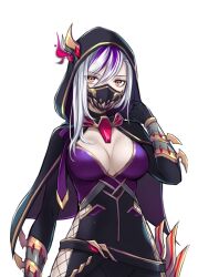 Rule 34 | 1girl, black bodysuit, black capelet, black gloves, black hood, black sleeves, bodysuit, breasts, breasts apart, capelet, clothing cutout, fishnets, game cg, gem, gloves, grey hair, hand up, large breasts, looking at viewer, mask, master of eternity, medium hair, mouth mask, multicolored hair, ninja, non-web source, official art, purple bodysuit, purple hair, red gemstone, shadow (master of eternity), side cutout, simple background, solo, streaked hair, swept bangs, transparent background, two-tone bodysuit, two-tone hair, vambraces
