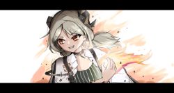 Rule 34 | 1girl, arknights, fire, horns, ifrit (arknights), letterboxed, nyab, orange eyes, white background, white hair