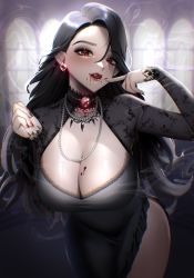 Rule 34 | 1girl, arch, bead necklace, beads, bitaro, black dress, black hair, blood, blood on breasts, blood on face, breasts, brooch, cleavage, cowboy shot, dress, earrings, fang, finger to mouth, frills, gem, hair between eyes, hair over one eye, highres, jewelry, lace, lace-trimmed dress, lace-trimmed sleeves, lace trim, large breasts, leaning forward, long hair, long sleeves, looking at viewer, nail polish, necklace, original, parted lips, red eyes, red gemstone, red lips, red nails, side slit, smile, smoke, solo, vampire, very long hair, wrist extended