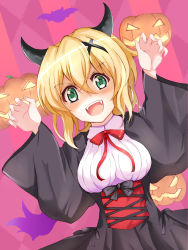 1girl akatsuki_kirika arms_up bad_id bad_pixiv_id bat_(animal) black_dress blonde_hair blush bow breasts commentary_request dress dutch_angle fangs female_focus green_eyes hair_ornament halloween highres horns jack-o&#039;-lantern long_sleeves looking_at_viewer medium_breasts open_mouth pumpkin rikopin senki_zesshou_symphogear short_hair smile solo teeth upper_body vampire wide_sleeves x_hair_ornament