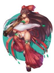 Rule 34 | 1girl, alternate costume, bow, brown hair, detached sleeves, green eyes, hair bow, highres, japanese clothes, long hair, m1 bazooka, miko, nemo (leafnight), original, panties, pointy ears, ribbon, rocket launcher, solo, underwear, weapon, white panties