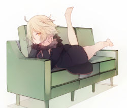 Rule 34 | 1girl, arm support, bare legs, barefoot, beni shake, black dress, black jacket, blush, brown hair, closed mouth, commentary request, couch, dress, fate/grand order, fate (series), full body, fur-trimmed jacket, fur-trimmed sleeves, fur trim, hair over one eye, jacket, jeanne d&#039;arc (fate), jeanne d&#039;arc alter (fate), jeanne d&#039;arc alter (ver. shinjuku 1999) (fate), leg up, long sleeves, looking at viewer, lying, official alternate costume, on couch, on stomach, open clothes, open jacket, orange eyes, solo, white background, wicked dragon witch ver. shinjuku 1999