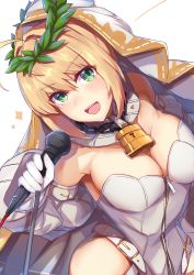 Rule 34 | 1girl, absurdres, blonde hair, breasts, cleavage, fate/grand order, fate (series), green eyes, highres, hip focus, jewelry, locket, long hair, looking at viewer, medium breasts, microphone, nanakaku, nero claudius (bride) (fate), nero claudius (bride) (third ascension) (fate), nero claudius (fate), nero claudius (fate) (all), pendant, short hair, smile, solo, sparkle, thighs, white background, wreath