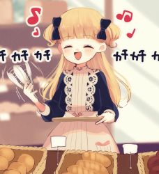 Rule 34 | 1girl, apron, basket, blonde hair, blue bow, blue dress, blunt bangs, blush, bow, bread, closed eyes, dress, emilico (shadows house), food, hair bow, highres, holding, kohori, long hair, musical note, open mouth, shadows house, smile, solo, two side up, white apron